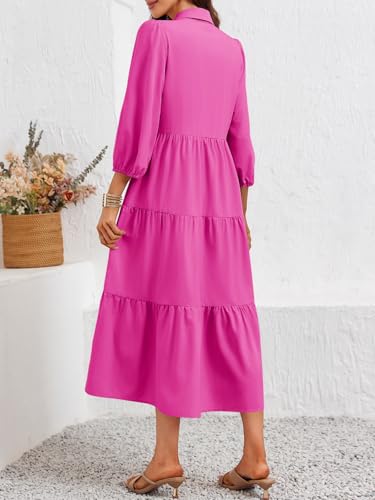 Image of Wenrine Womens Casual 3 /4 Sleeve Shirt Dress Button Down V Neck Tiered Collared Flowy Maxi Dress