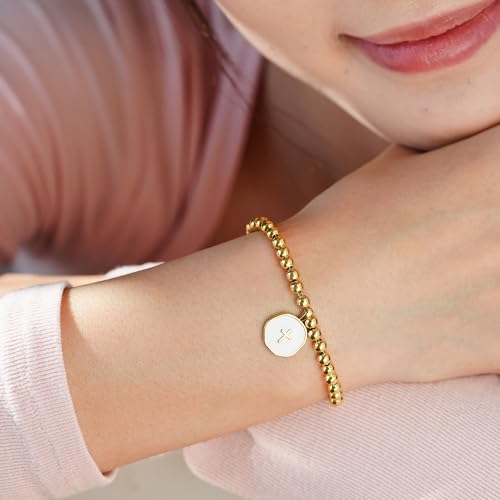 Beaded Bracelets for Women with Enamel Cross – Christian Gifts, Baptism Gifts for Women, Religious Gifts, 3mm gold beads, 18K Gold Plated, Triple-Layered Finish, Length 6-8''4