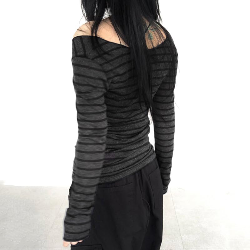 Womens Long Sleeve Grunge Aesthetic Shirts Striped Off Shoulder Tops Teen Girls Alt Emo Goth Streetwear Y2k Clothes4