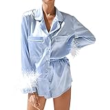 HoneybeeLY Damen-Pyjama-Set, langärmelig, Satin-Nachtwäsche-Set mit Shorts, Nachtwäsche, Loungewear, Pyjamas, Homewear (S-XL)