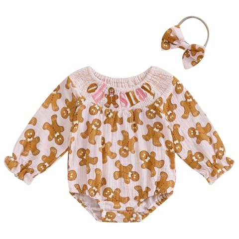 Doisbetthsay Baby Girls Christmas Romper Gingerbread Man Embroidered Long Sleeve Smocked Jumpsuits Bow Headband Outfits (A Gingerbread Man, 6-12 Months) Cover