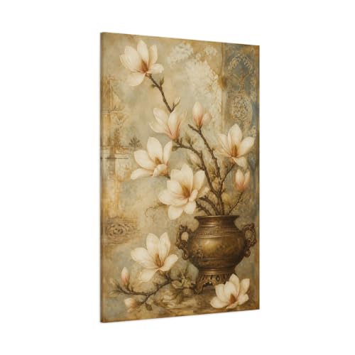 Canevas floral magnolias beige et bleu grand format vertical pour salon