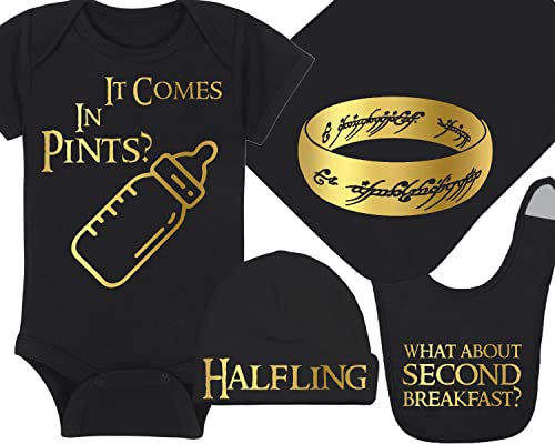 Image of LOTR Baby Onesie, Hat, Blanket and Bib - It Comes In Pints? - Halfling - The One Ring - What About Second Breakfast (3-6 Month - Black Fabric - Gold Design)