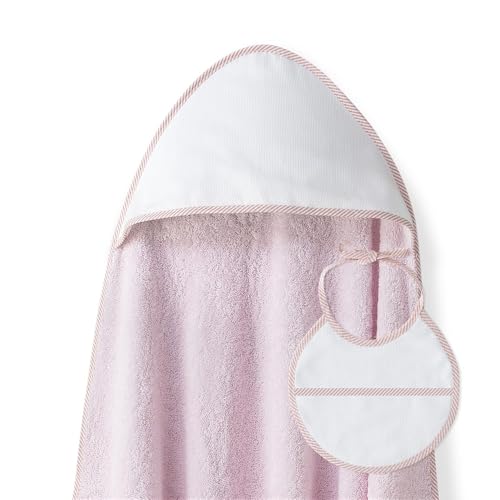 Interbaby - Capa de Baño Bebe Rosa + Babero | Toalla Bebe con Capucha 100% Algodón, 100x100cm, Unisex | Suave, Cómoda, Ideal Recién Nacidos, Bebes y Niños Pequeños | Diseño Punto de Cruz Liso
