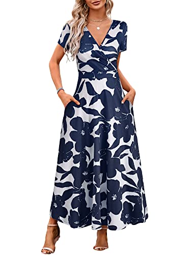 Image of HUHOT Women's Short Sleeve Wrap V Neck Dresses for Wedding Guest Summer Floral Maxi Sundresses with Pockets Boho Dress