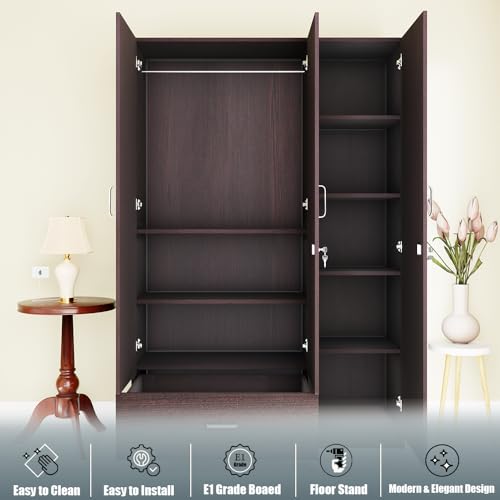 Image of VIKI Wardrobe | Wooden Almirah for 3 Door Wardrobe with 1 Drawer & Hanging Space (Dark Wenge - 40D x 120W x 180.8H) | 1 Year Warranty | Free Assembly