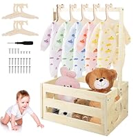 PRITOK Baby Shower Crate Closet Wooden Baby Basket with Handle, Storage Crate Hamper with 5 Hangers, Large Capacity Wood Clothes Rack for Newborn Nursery Organization (34x23x17cm)