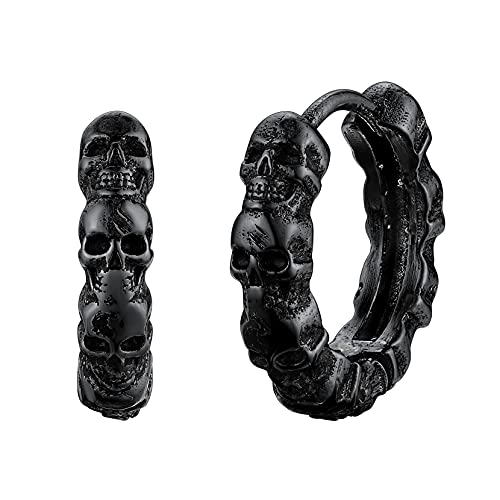 Richsteel Pendientes Aros Rap Hombre Mujer con Cabezas de Diable Craneo, Piercing de Oreja Aros con Calavera en Pendientes Redodos Negros Cover