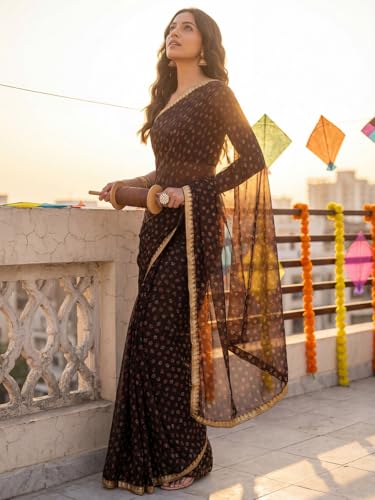 Image of SAREE MALL Women's Brown Chiffon PolkaDot Printed Saree With Unstitched Blouse Piece (2QEN1610 AI2)
