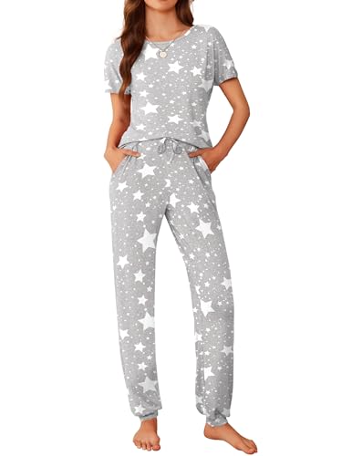 Image of Ekouaer Womens Pajama Sets Short Sleeve Lounge Sets for Women Printed Jogger Pajama Set 2 Piece Pj Sets With Pockets S-XXL