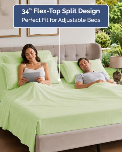 Image of Flex Top Split Head King 6 Piece Piece Sheet Set - Comfy Breathable & Cooling - Soft Hotel Luxury Bedding Set with 8-16 Inch Deep Pockets - 1 Flat & 1 Fitted Sheet & Pillowcases - Light Sage Green