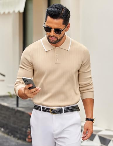 COOFANDY Polo de punto para hombre con manga larga, suéter clásico casual para golf, suéter liviano y ajustado con cuello y botones miniatura 5