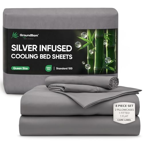 GroundBam Silver Infused Bed Sheets Set Temperature-Regulating Fabric with Self-Cleaning Technology for 3X Freshness Sleep Genuine 100% Organic Viscose Derived from Bamboo (Queen Darkgray)