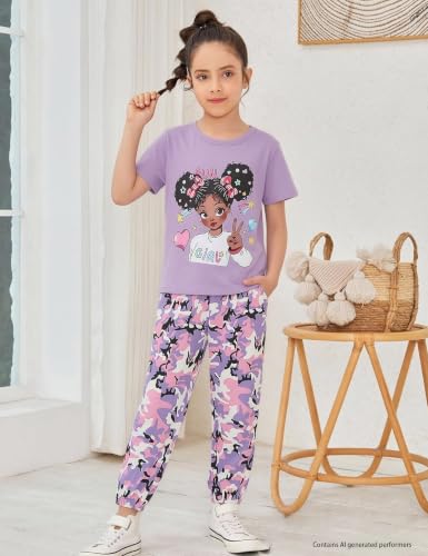 Image of mksodop Girls Outfit Set Graphic T Shirt and Camo Jogger Pants Cute Casual Clothes for Girls 5-16 Years