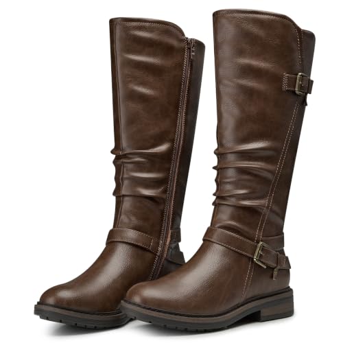 SHIBEVER Women's Knee High Boots: Brown Comfortable Low Heel Tall Boots
