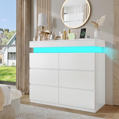 DreamDashio Modern 6 Drawer Dresser with Flip-Top Storage, Chest of Drawers for Closet with Floating LED Lights & Charging Station, Double Wide Drawer Organizer Cabinet for Bedroom, Living Room, White