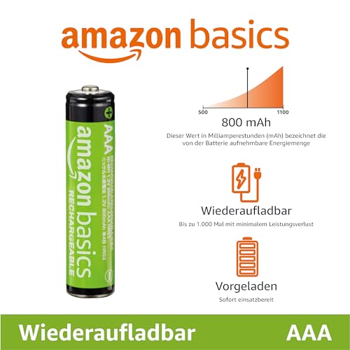 Amazon Basics 8 paketov polnilnih AAA NiMH baterij 800 mAh 1,2 V, polnilne do 1000x prednapolnjene