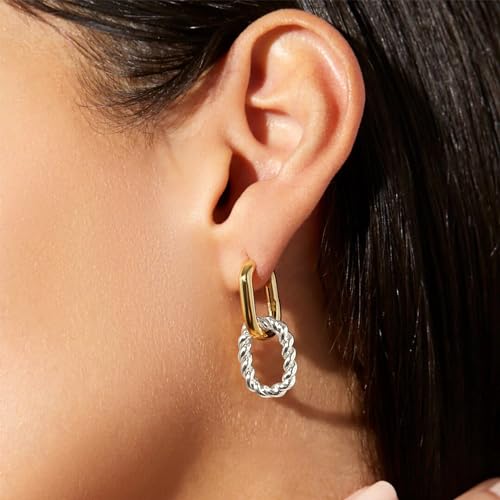 14K Two Tone Gold Silver Hoop Earrings for Women Drop Dangle Paperclip Earrings Convertible Link Chain Earing2