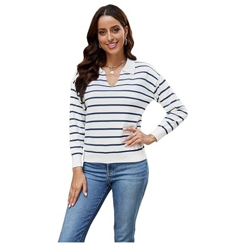 Hojudo Women’s Casual v Neck Striped Long Sleeve Pullover Sweater Collared Polo Shirt Knitted Jumper Tops Cover