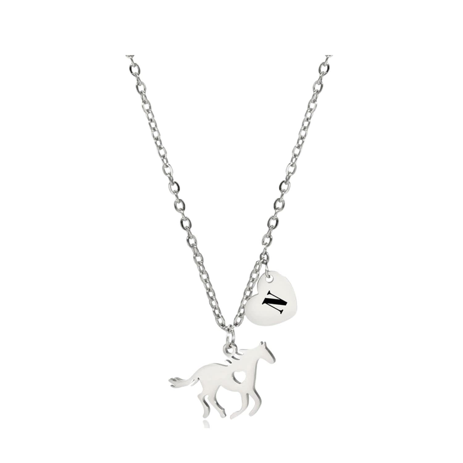 Fuqimanman2020 Horse Initial Letter Pendant Necklace Bulk A-Z for Women Girls, Dainty 316L Stainless Steel Initial Gifts for Kids, Heart Charm Jewelry