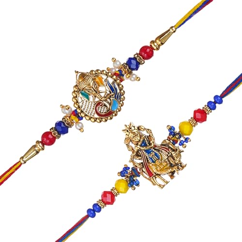 Image of eCraftIndia Set of 2 Multicolor Religious Om Symbol and Peacock Designer Rakhis with Roli Chawal Pack and Best Bro Ever Fridge Magnet - Rakhi for Brother