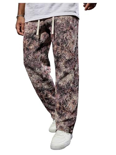 Men's Floral Pants Vintage Boho Pant Hippie Drawstring Waist Vacation Straight Leg Trousers with Pockets Streetwear