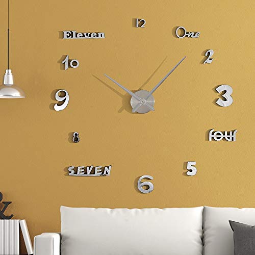 Asvert Reloj Reloj Pared Adhesivo DIY 3D Silencioso de Material Acrílico con Números Adhesivos (Efecto de Espejo) y Agujas EVA para Decoración de Hogar (Plata)
