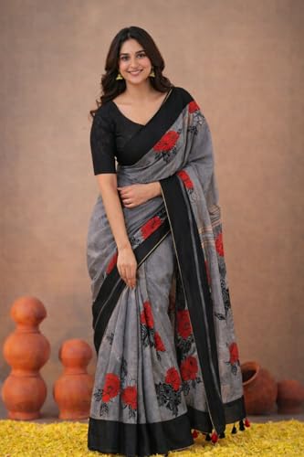 Image of Jack & Jini Women's Floral Print Pure Georgette Saree with Blouse Piece | Soft Casual & Festive Drape | Gift for Mother, Wife.