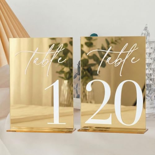 Acrylic Wedding Table Numbers 1-20 with Stands, 5"x7" Gold Mirror Acrylic Signs with 3D White Numbers, Gold Mirror Table Numbers for Wedding Reception, Anniversary, Event by HOODO - Used condition - US$24.25