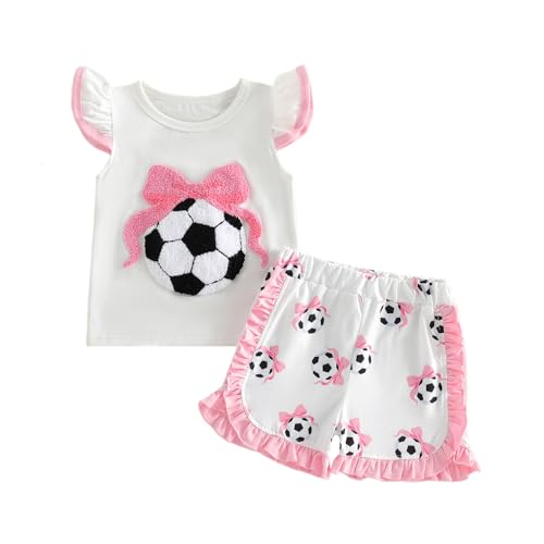 mlpeerw Toddler Girl Soccer Outfits Baby Soccer Bow Fly Sleeve T-shirt Tops And Ruffle Trim Shorts 2Pcs Girls Summer Clothes (Soccer Bow Embroidered White 6-12 Months)