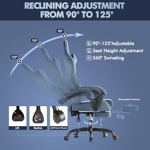 Image of Soontrans Velvet Fabric Ergonomic Gaming Chair with Footrest, Reclining Office Computer Desk Game Chairs with Massage Lumbar Cushion,Headrest,Comfortable Video Gamer Chair for Adult