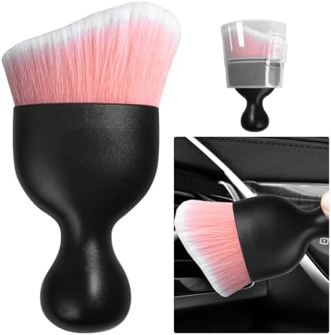 Ziciner Car Detailing Brush, Curved Soft Bristles Auto Removal Dust Collectors, Universal Vehicle Dashboard, Air Conditioner Vents etc Interior Cleaning Tool Accessory (Pink/White)