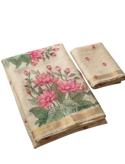 Image of Women's Linen Cotton Blend Saree Multicolor Ikat Brush Print Scalloped Border with Floral Print Unstitched Blouse Piece