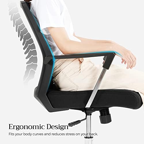 SONGMICS Swivel Desk Chair for Home, Mesh Office Chair with Arms, Lumbar Support, Tilt Mechanism, Adjustable Height, Max. Load Capacity 120 kg, Home and Office Furniture, Black OBN83BUK