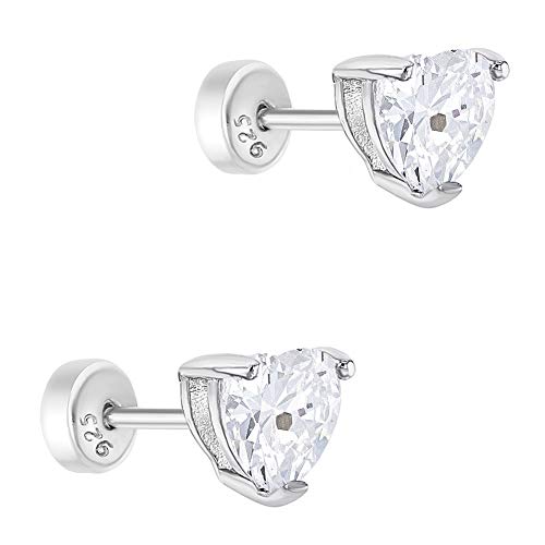 925 Sterling Silver Cubic Zirconia Heart-Shaped Solitaire Stud Girl's Earrings with Safety Push Back Locking 4mm- Excellent For Baby Girls, Toddlers & Young Girls- Best For Kids With Sensitive Ears4