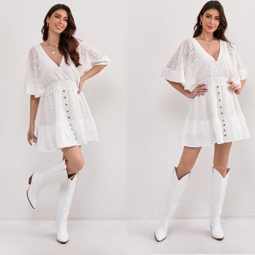 Image of iiimmu Cowgirl Boots Women Knee High Boots Pointed Toe and Block Heel Cowboy Suede and Faux Leather Boots with Embroidered