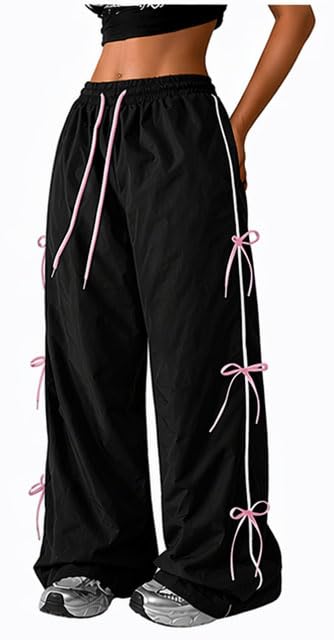 Women's Black Wide Leg Track Pants with Pink Bow Detail, Elastic Waist, Side Stripe-picture-35