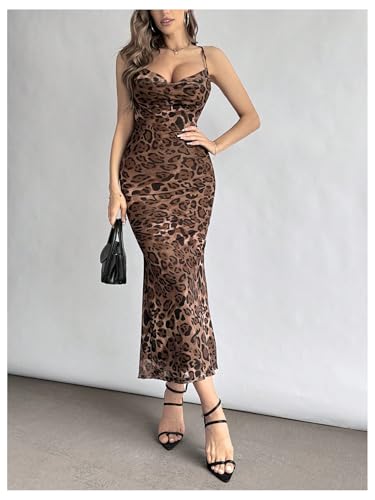 Image of Floerns Women's Leopard Draped Halter Neck Dress Criss Cross Tie Back Party Midi Dress