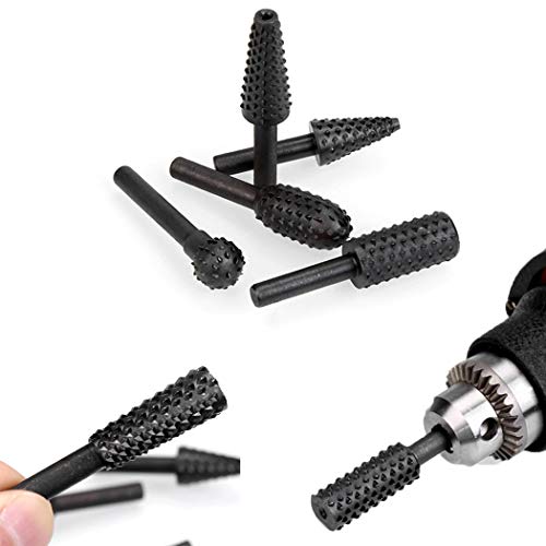 GEWU 1/4 "6 mm Döner Çapak Seti Elektrikli El Aletleri Ahşap Taşlama Oyma Oyma Dosyası Törpü Matkap Uçları Döner Matkap Çapakları Şaft Ucu Seti Ağaç İşleme Kiti için 5'li Paket (Siyah)