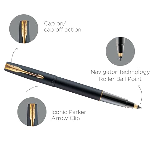Image of Parker Frontier Matte Black Gold Trim Roller Ball Pen and Silver Key Chain, Blue Ink, Medium Point - Gift Set for Professionals, Executives, and Students