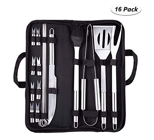 GulfDealz BBQ Accessories Grill Tools Set, Pemium Barbecue Grill Utensils Set in Aluminum Case, Outdoor Barbecue Grilling Kit for Camping Party and Picnic, Stainless Steel - Silver (16 Pack)