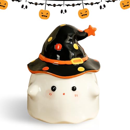 Halloween Becher Keramik mit Deckel Geist Tasse Niedliche Grusel-Geschenk für Halloween-Party Kaffeebecher Teetasse Spuktasche Wasserbecher (Geist Design)
