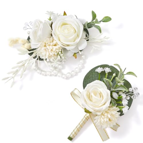 Serwalin White Rose Corsage and Boutonniere Set for Wedding Prom Party