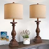 BOBOMOMO 27' Farmhouse Living Room Lamps with USB-A +C Ports, Vintage Rustic Bedside Night Stand Lamps Set of 2, Linen Shade, Retro Side Table Lamps for Living Room, Bedroom, Office, Home Decor