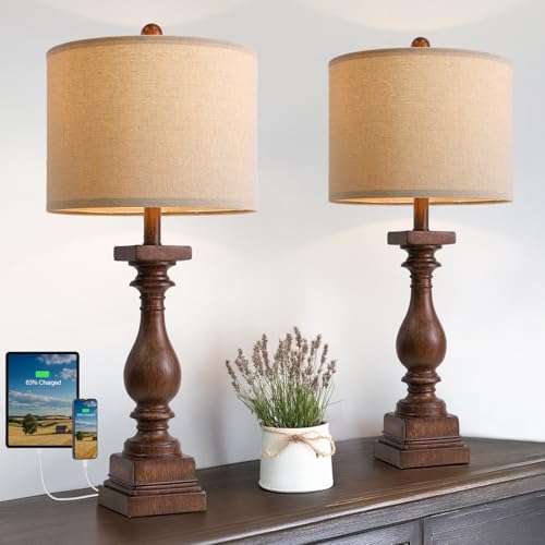 BOBOMOMO 27' Farmhouse Living Room Lamps with USB-A +C Ports, Vintage Rustic Bedside Night Stand Lamps Set of 2, Linen Shade, Retro Side Table Lamps for Living Room, Bedroom, Office, Home Decor
