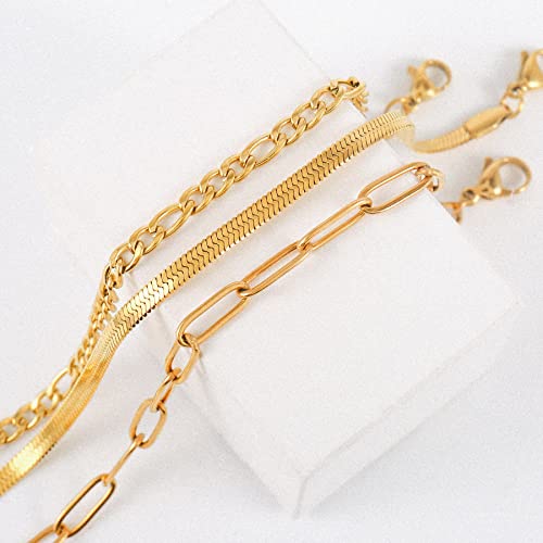 Gold Layered Figaro Chain 18K Gold Plated Herringbone Non-Tarnish Dainty Paperclip Stackable Stainless Steel Flat Snake Link Bracelet For Women Girls Jewelry Set #TOP4