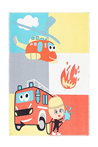 Qiyano Kinderteppich mit Feuerwehr Hubschrauber und Feuerwehrmann Teppich für Jungen Spielunterlage Blau-Gelb-Grau-Rot, Farbe: Multi, Größe: 120 x 180 cm Qiyano Kinderteppich mit Feuerwehr Hubschrauber und Feuerwehrmann Teppich für Jungen Spielunterlage Blau-Gelb-Grau-Rot, Farbe: Multi, Größe: 120 x 180 cm