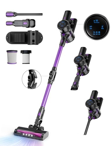 Akku Staubsauger, 28KPa Staubsauger Kabellos, Akkustaubsauger Selbstladender mit LED Display/Anti-Tangle-Bürste/wechselbarer Akku, Stabstaubsauger für Hartböden Teppiche Tierhaare (Lila)