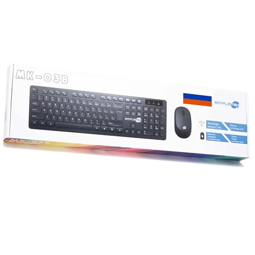 SIMPLETEK - Kit de ratón y teclado inalámbrico 2.4G con diseño RU ruso | Teclado QWERTY ruso | Negro Teclado numérico ratón ergonómico 3 teclas receptor USB