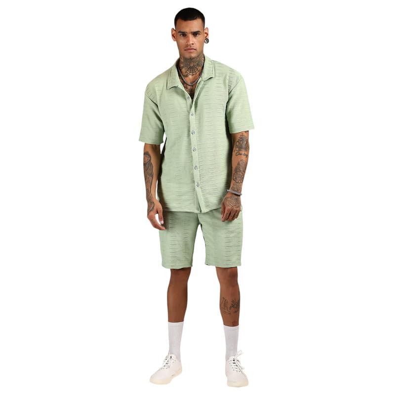cahoot Men's Mint Green Ruche-Ribbed Co-Ord Set for Casual Wear | Spread Collar | Short Sleeve | Button Closure | Co-Ords Crafted with Comfort Fit for Everyday Wear-picture-36